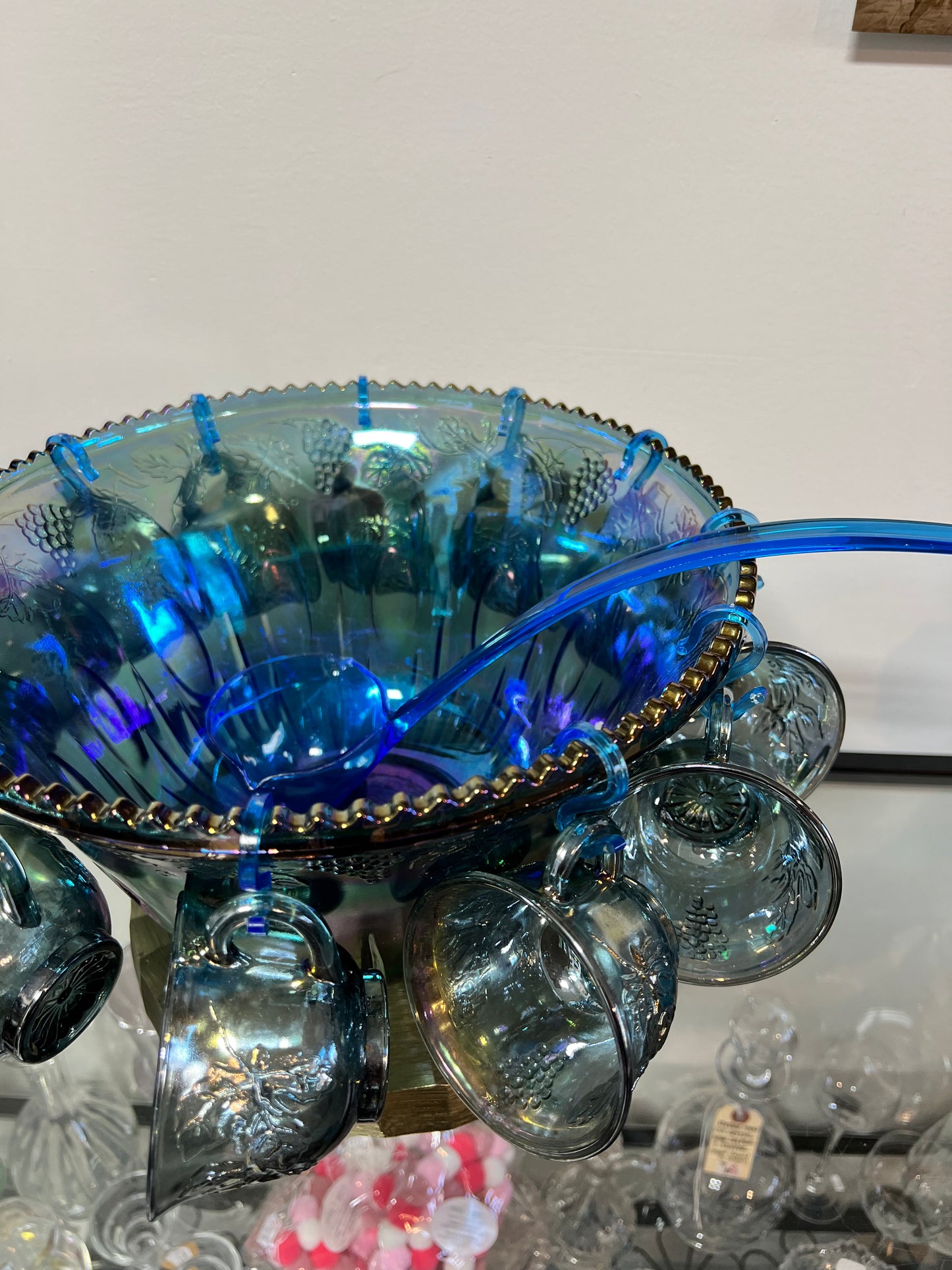 Indiana Glass Harvest Grape Blue Iridescent Carnival Glass Punch Bowl Set
