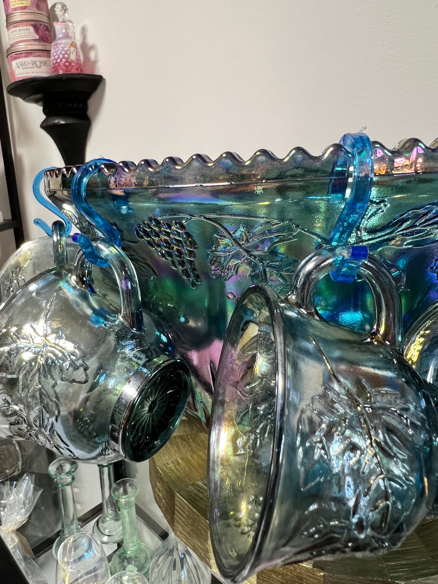 Indiana Glass Harvest Grape Blue Iridescent Carnival Glass Punch Bowl Set