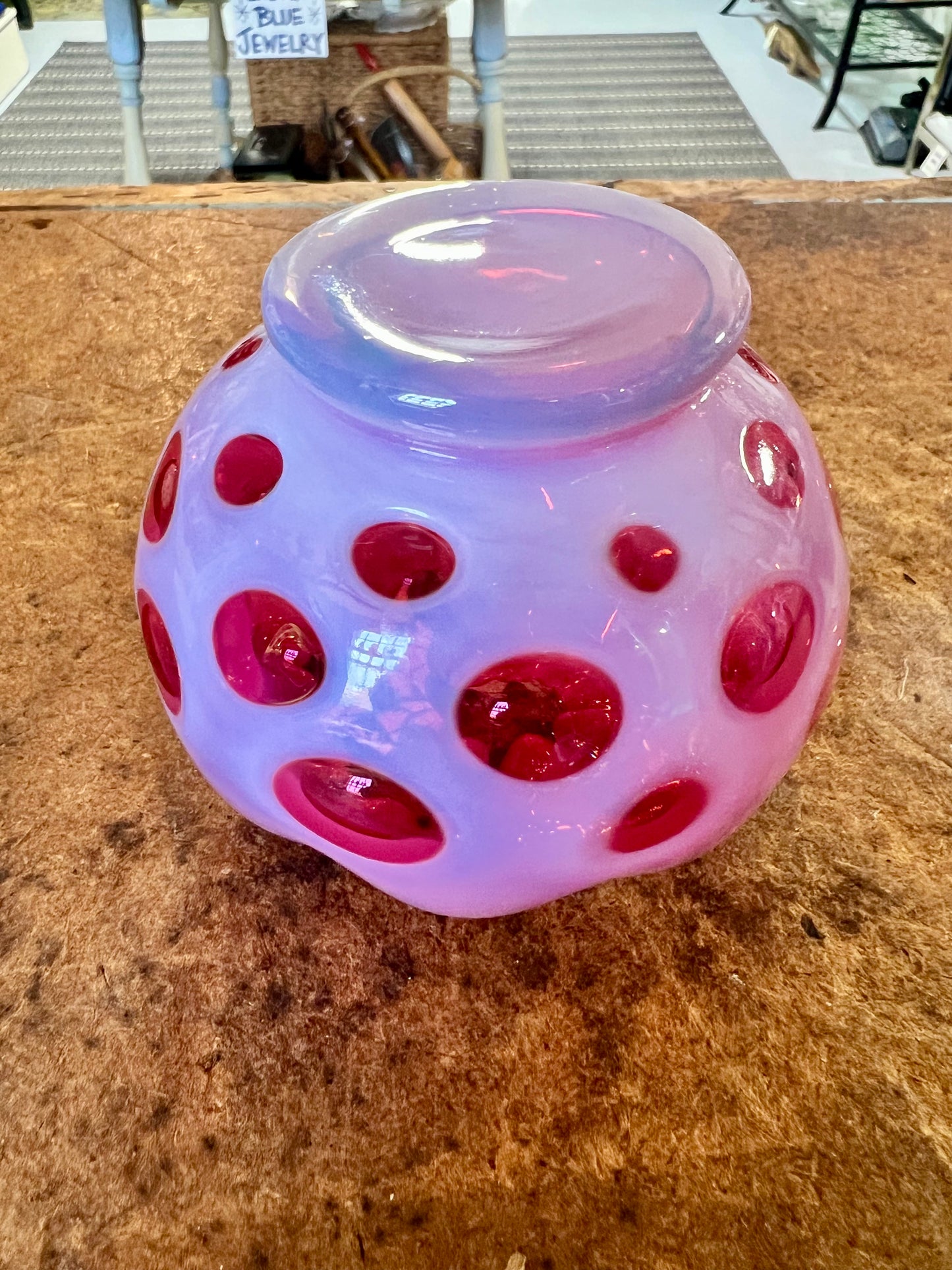 Vintage Fenton Cranberry Pink Opalescent Coin Dot Rose Bowl Vase