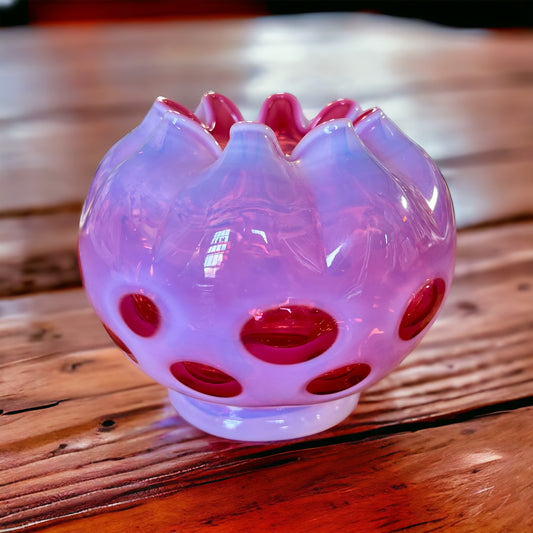 Vintage Fenton Cranberry Pink Opalescent Coin Dot Rose Bowl Vase