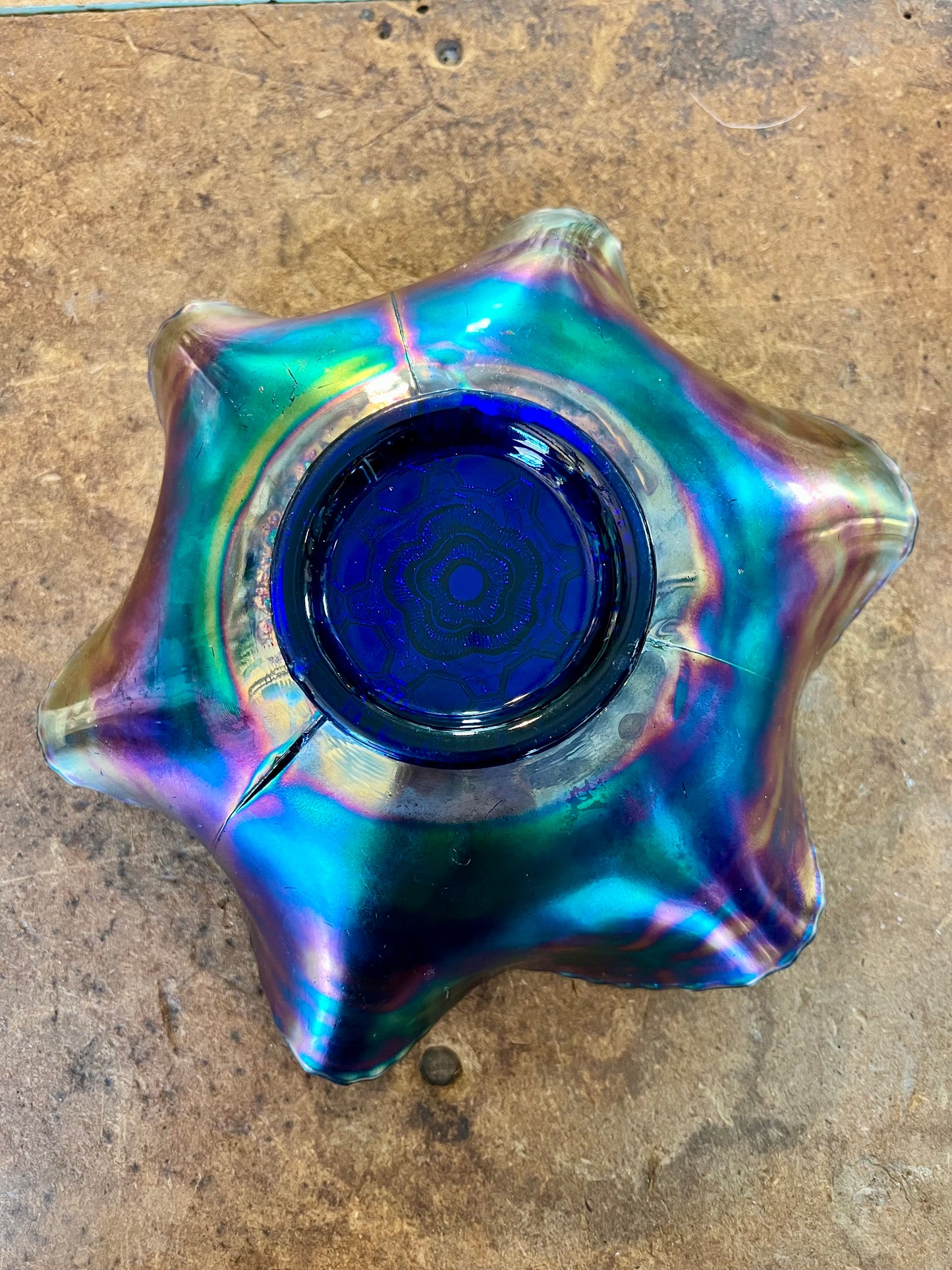 Fenton Cobalt Blue Captive Rose Carnival Glass Ruffle Edge Bowl